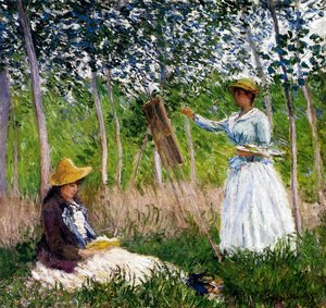 In The Woods At Giverny - BlancheHoschede Monet At Her Easel With Suzanne Hoschede Reading