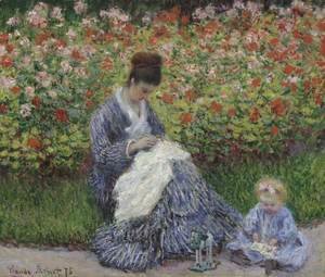 Camille Monet and a child in the artists garden in Argenteuil 1875