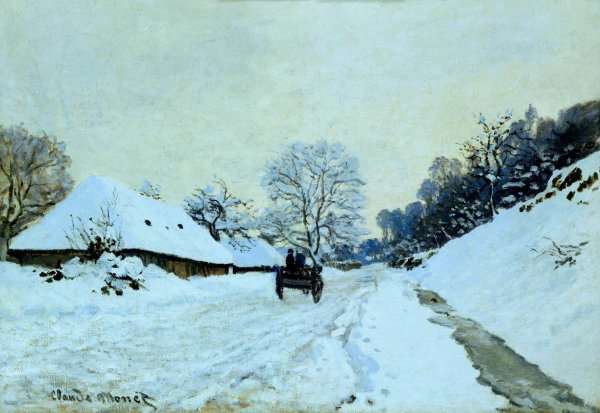 A Cart On The Snow Covered Road With Saint Simeon Farm by Oscar-Claude Monet